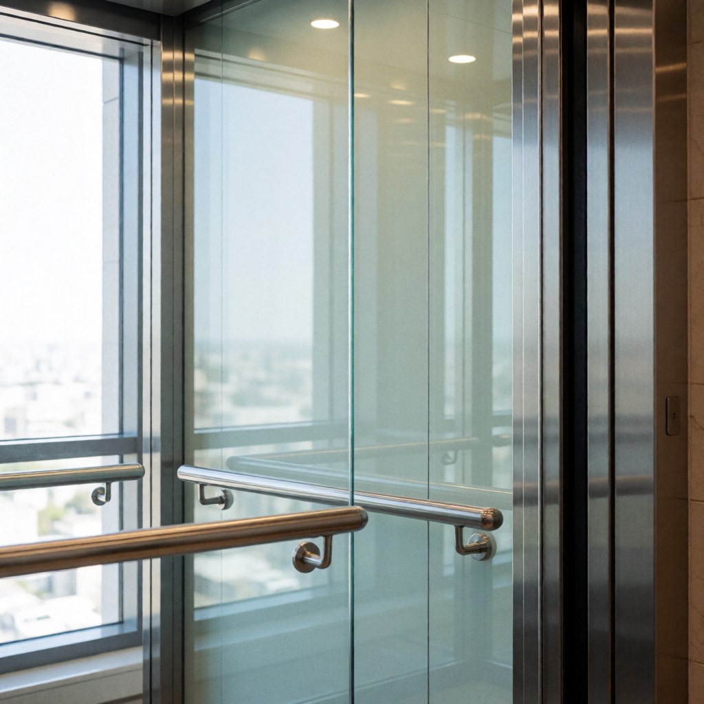 Vue intérieure d'une cabine d'ascenseur moderne dotée de murs en verre trempé et de barres en acier inoxydable poli, baignée de lumière naturelle.