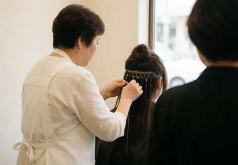 Un professionnel fixe des extensions de cheveux avec précision dans un salon moderne, outils visibles.