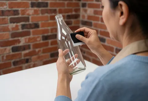 Vue arrière d'une employée utilisant une raclette pour poser du vinyle sur une bouteille en verre devant un mur de briques rouges éclairé par la lumière naturelle.