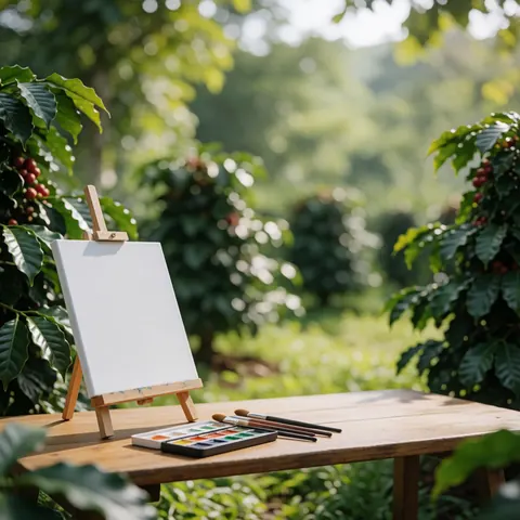 Une toile vierge posée sur une table en bois, accompagnée d'aquarelles et de pinceaux, entourée de plantes vertes et de fruits rouges dans un cadre extérieur.