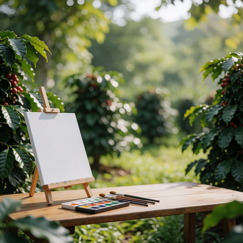 Une toile vierge posée sur une table en bois, accompagnée d'aquarelles et de pinceaux, entourée de plantes vertes et de fruits rouges dans un cadre extérieur.