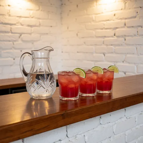 Comptoir en bois présentant trois cocktails rouges glacés garnis de rondelles de citron vert, accompagné d'une carafe d'eau, devant un mur de briques blanches.