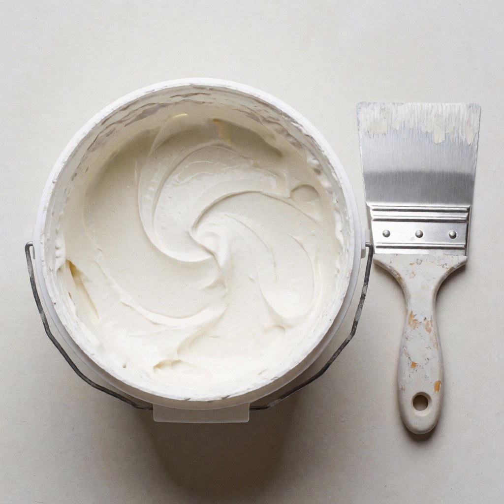 Seau contenant du mastic blanc accompagné d'une spatule de peintre, produit destiné à la réparation des murs extérieurs, offrant une texture lisse et brillante sous un éclairage uniforme.
