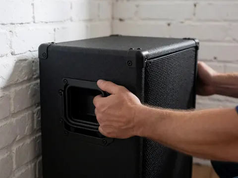 Détails d'un subwoofer professionnel noir à texture rustique manipulé par des mains, posé contre un mur de briques blanches sous un éclairage doux et directionnel.