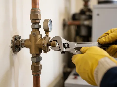 Technicien utilisant une clé pour régler un régulateur de gaz sur une tuyauterie en cuivre avec une chaudière floue en arrière-plan dans un atelier.