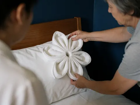Une main place une serviette blanche pliée en fleur sur un oreiller blanc, sur un lit avec tête de lit en bois et mur bleu foncé.