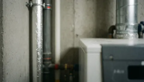Fond décoratif avec tuyaux isolés, mur en béton et partie d'une chaudière, tons gris et métalliques, idéal pour les textes de services de chauffage.