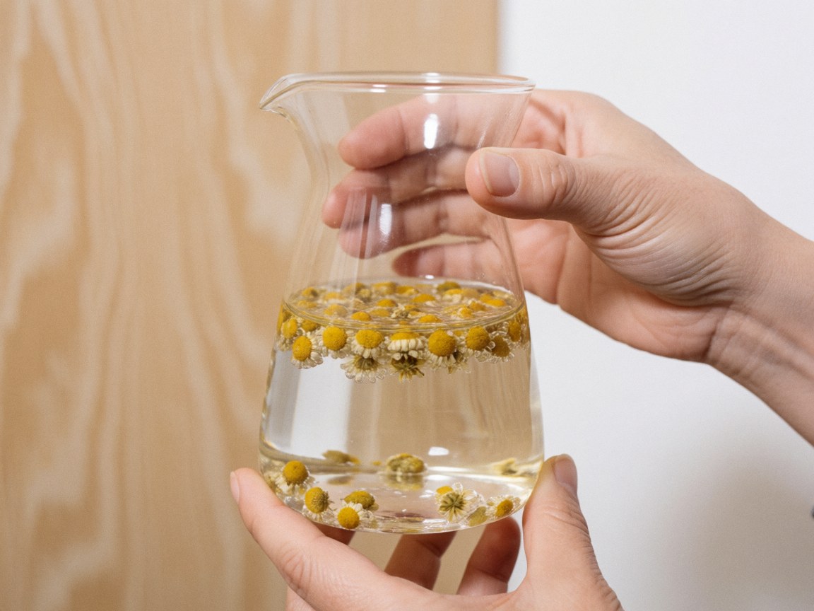 Des mains tenant une carafe en verre remplie d'infusion de camomille avec des bulles et des pétales visibles sur un fond en bois et un mur blanc