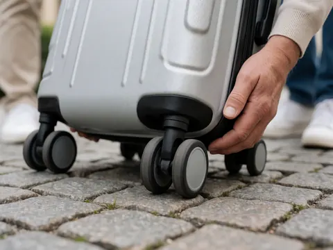 Valise de voyage avec roues se déplaçant sur un sol en pavés, mains tenant l'objet, focus sur le point de contact, scène réaliste et détaillée.