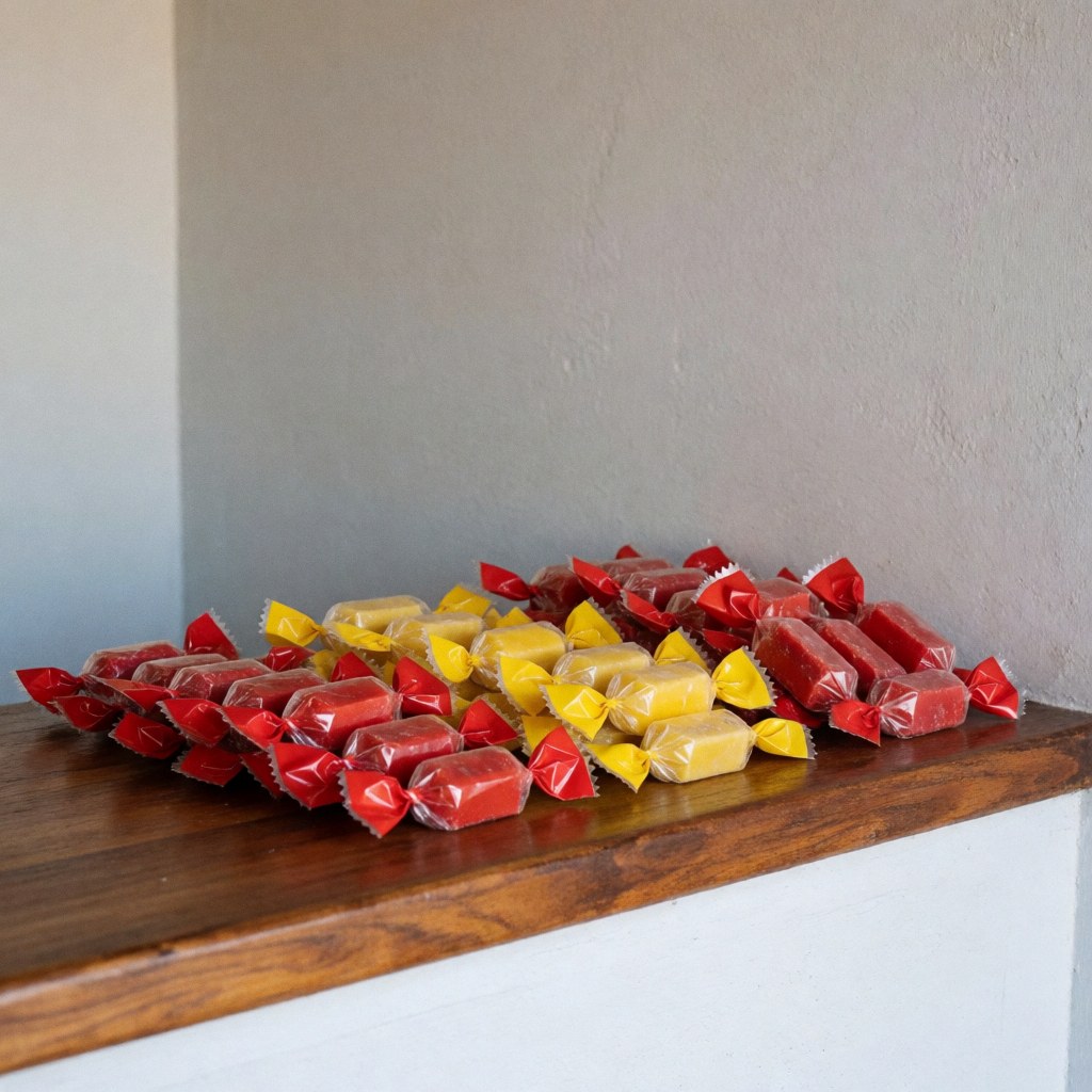 Des bonbons colorés disposés dans une boîte en bois sur un fond de murs gris avec une lumière naturelle, idéal pour les touristes.