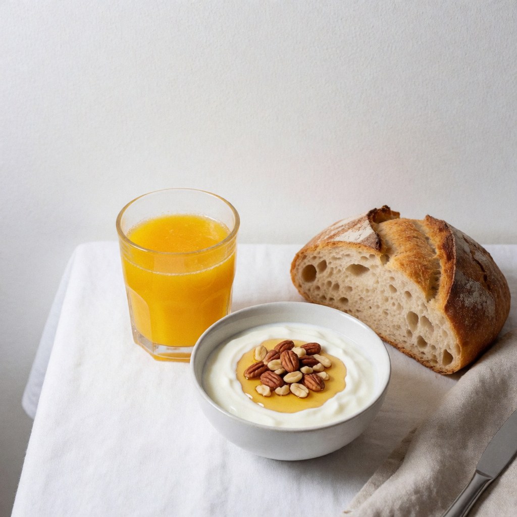 Petit-déjeuner maison composé de yaourt, miel, noix, jus d'orange et pain artisanal posés sur une nappe blanche.