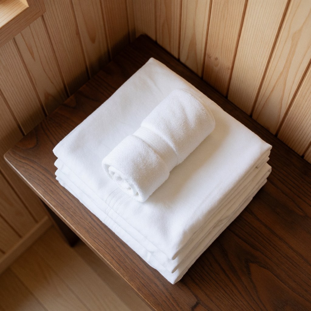 Des serviettes blanches propres et bien pliées reposent sur une table en bois sombre, devant un mur de planches claires avec une lumière naturelle douce.