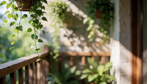 Vue d'un balcon orné de plantes vertes suspendues, d'une rambarde en bois et d'un mur en pierre baigné de lumière naturelle créant des ombres douces.