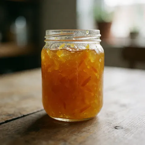 Bocal en verre rempli de confiture d'orange brillante posé sur une table en bois rustique, éclairé par la lumière naturelle avec un fond flou.