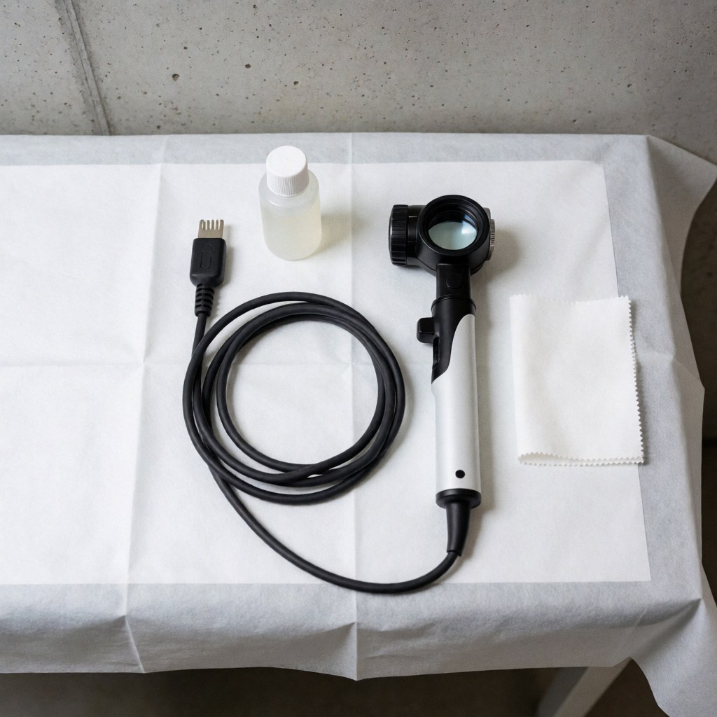 Dermatoscope médical branché sur USB, accompagné de son gel de couplage et d'un chiffon nettoyant posés sur un drap stérile blanc dans un environnement clinique lumineux.