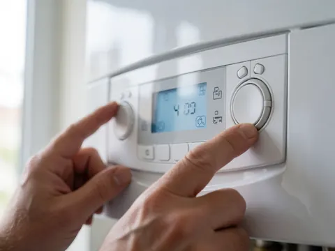 Des mains ajustent le thermostat d'une chaudière moderne avec écran bleu dans un environnement bien éclairé.