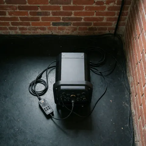 Machine à fumée professionnelle noire posée sur un sol sombre, accompagnée de son câble et de sa télécommande, devant un mur de briques rouges.