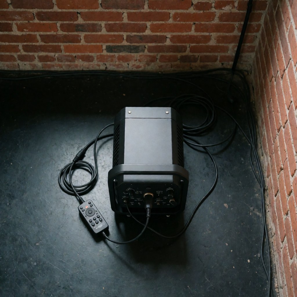 Machine à fumée professionnelle noire posée sur un sol sombre, accompagnée de son câble et de sa télécommande, devant un mur de briques rouges.