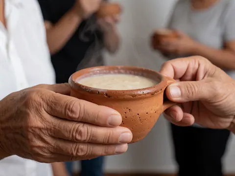 Tasse en terre cuite contenant de l'atole chaud avec de la vapeur, mains adultes tenant la tasse sur un fond flou.