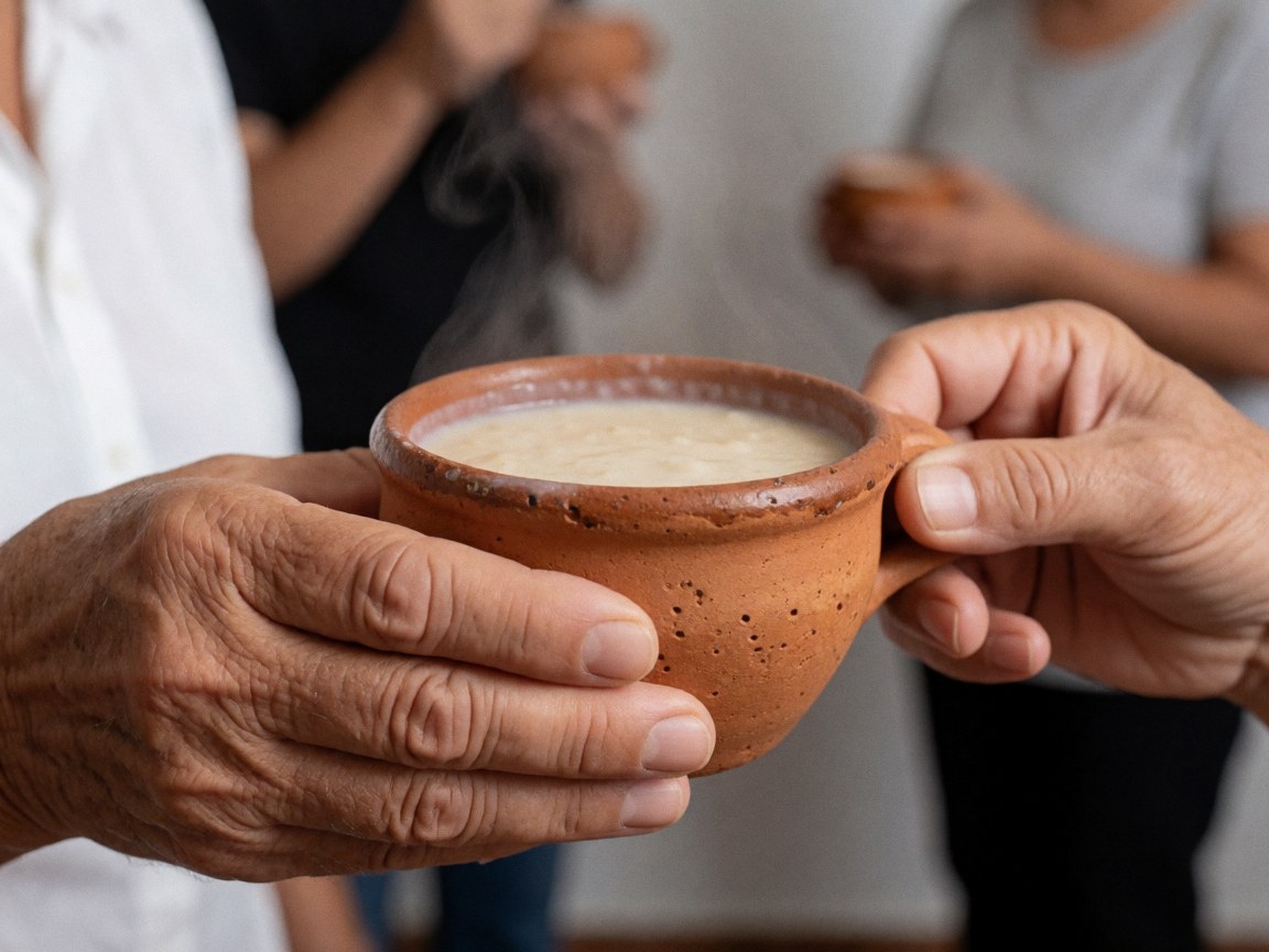 Tasse en terre cuite contenant de l'atole chaud avec de la vapeur, mains adultes tenant la tasse sur un fond flou.