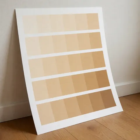 Échantillon de peinture beige avec dégradé posé contre un mur blanc sur un sol en bois, éclairage naturel mettant en valeur la texture du papier.
