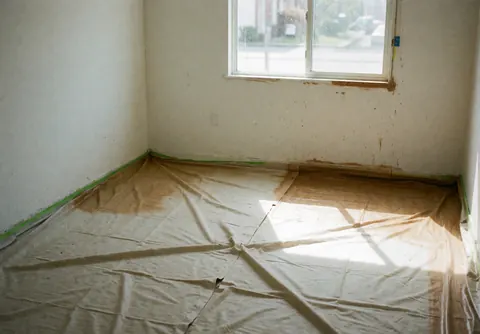 Pièce aux murs blancs avec sol protégé par du plastique transparent, éclairage naturel par fenêtre, espace propre prêt pour travaux de finition.