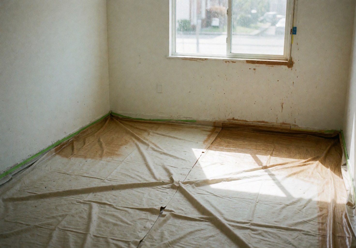 Pièce aux murs blancs avec sol protégé par du plastique transparent, éclairage naturel par fenêtre, espace propre prêt pour travaux de finition.