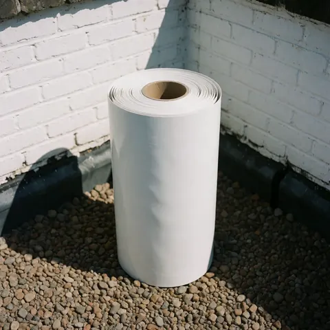 Rouleau de membrane d'étanchéité EPDM blanche prêt à l'installation sur un toit en gravier avec mur de briques blanches et lumière solaire intense.