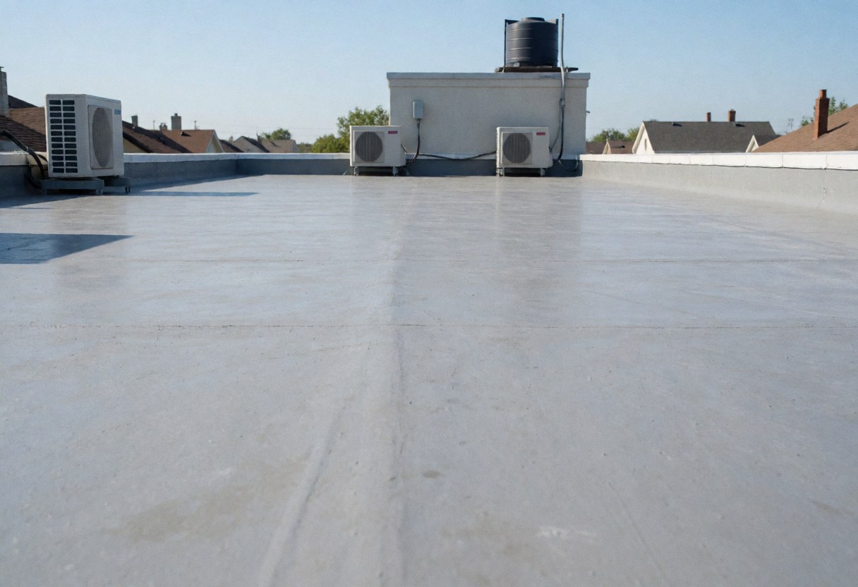Un toit plat en béton gris préparé pour l'imperméabilisation, avec des unités de climatisation et un réservoir d'eau en arrière-plan sous un ciel bleu clair.