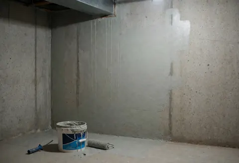 Mur de béton présentant des traces d'humidité. Seau et rouleau d'imperméabilisation posés au sol sous un éclairage artificiel froid, adapté aux professionnels du secteur.