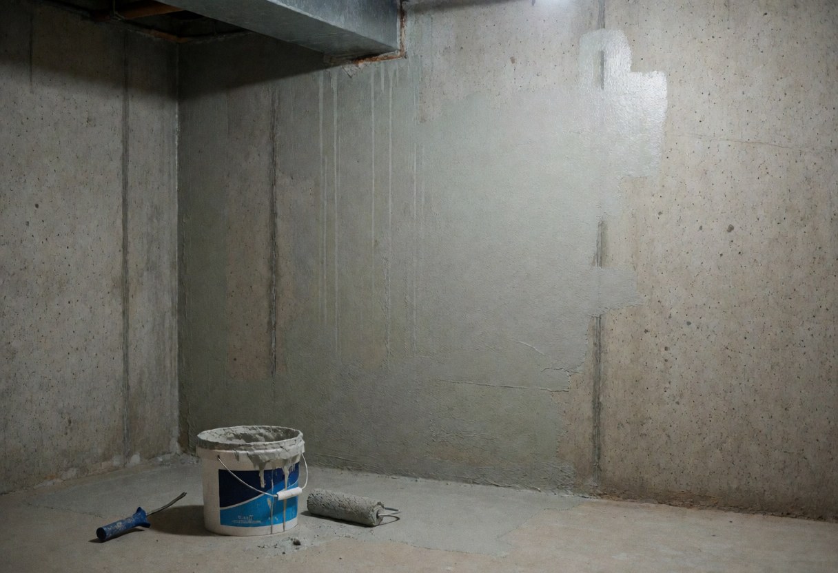 Mur de béton présentant des traces d'humidité. Seau et rouleau d'imperméabilisation posés au sol sous un éclairage artificiel froid, adapté aux professionnels du secteur.