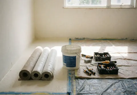 Des rouleaux de matériau imperméable, un seau et des outils posés sur une bâche dans une pièce aux murs blancs avec lumière naturelle.