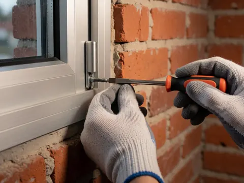 Gants protégeant les mains lors du réglage précis d'un mécanisme de fenêtre en aluminium sur un mur en briques, sous une lumière chaude.