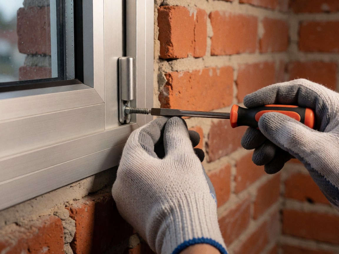 Gants protégeant les mains lors du réglage précis d'un mécanisme de fenêtre en aluminium sur un mur en briques, sous une lumière chaude.