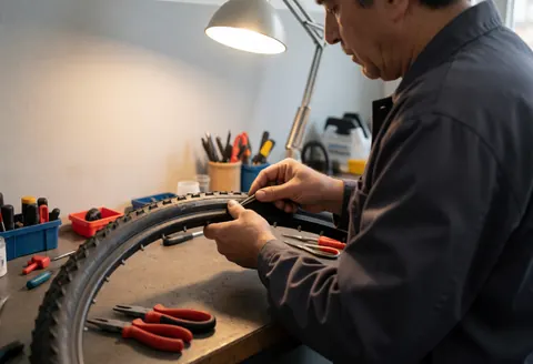 Mécanicien en atelier de vélo appliquant un patch sur un pneu avec des outils et une lumière de travail sur un mur gris clair