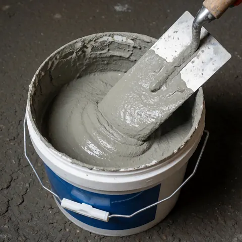 Boue grise d'étanchéité dans un contenant blanc posé sur un sol en béton sombre, avec une pince métallique visible, éclairage pratique.