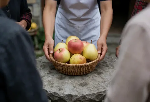 Un serveur en tablier blanc dépose un panier de fruits frais sur une table en pierre dans un hébergement rural.