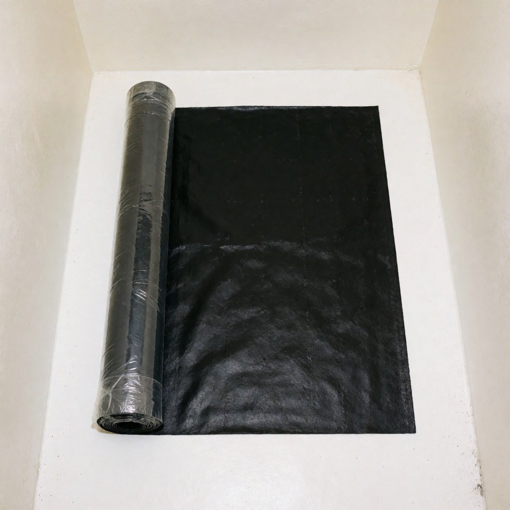 Rouleau d'étanchéité noir partiellement déroulé sur une surface blanche plane, prêt pour l'installation en construction commerciale.
