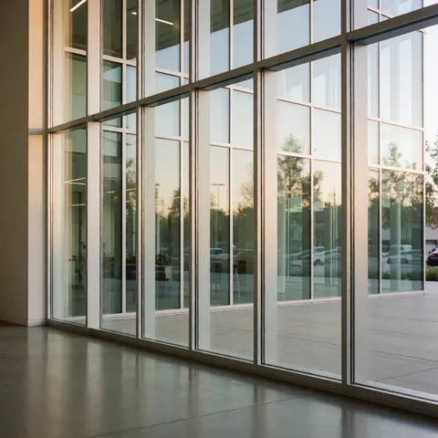 Façade vitrée moderne avec reflets de coucher de soleil, sol poli et structure en aluminium, idéale pour les entreprises d'installation de vitrage.