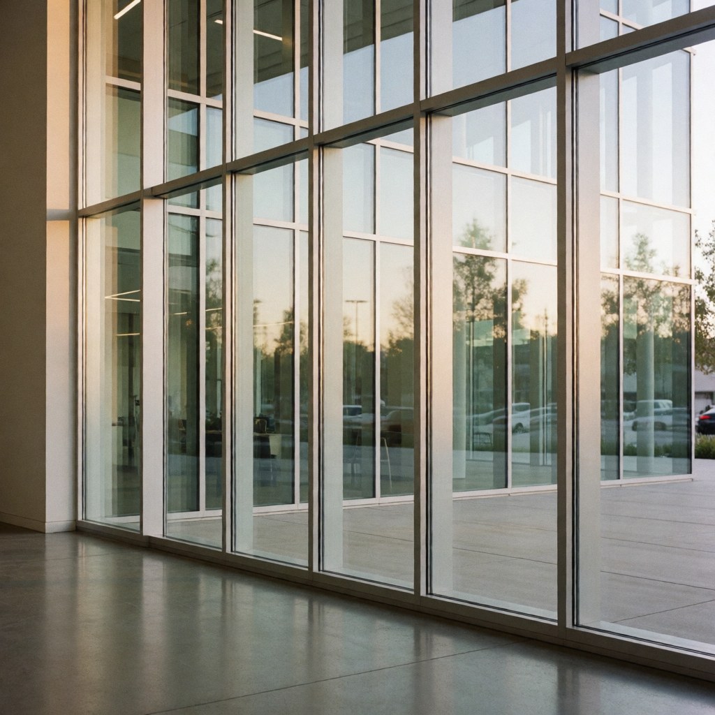 Façade vitrée moderne avec reflets de coucher de soleil, sol poli et structure en aluminium, idéale pour les entreprises d'installation de vitrage.