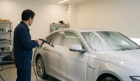 Un employé en uniforme bleu lave une voiture argentée avec de la mousse et un tuyau haute pression dans un atelier bien éclairé.