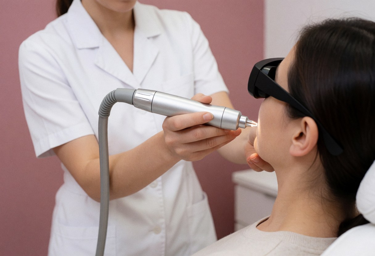 Une praticienne en blouse blanche applique un traitement d'épilation laser sur le visage d'une cliente portant des lunettes de protection dans un cabinet.