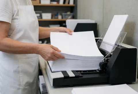 Un professionnel en tablier blanc dépose des documents sur une machine de reliure noire dans un bureau avec étagères et mur en béton.