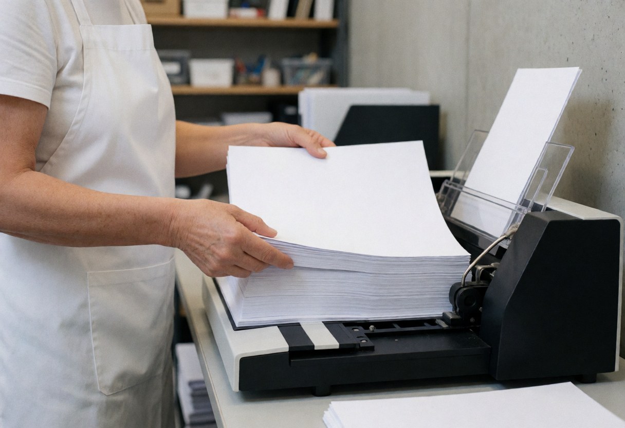 Un professionnel en tablier blanc dépose des documents sur une machine de reliure noire dans un bureau avec étagères et mur en béton.