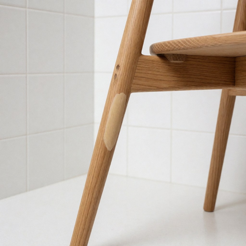 Patte de chaise en bois clair avec réparation visible sur fond de carreaux blancs, montrant un travail de restauration de meubles.