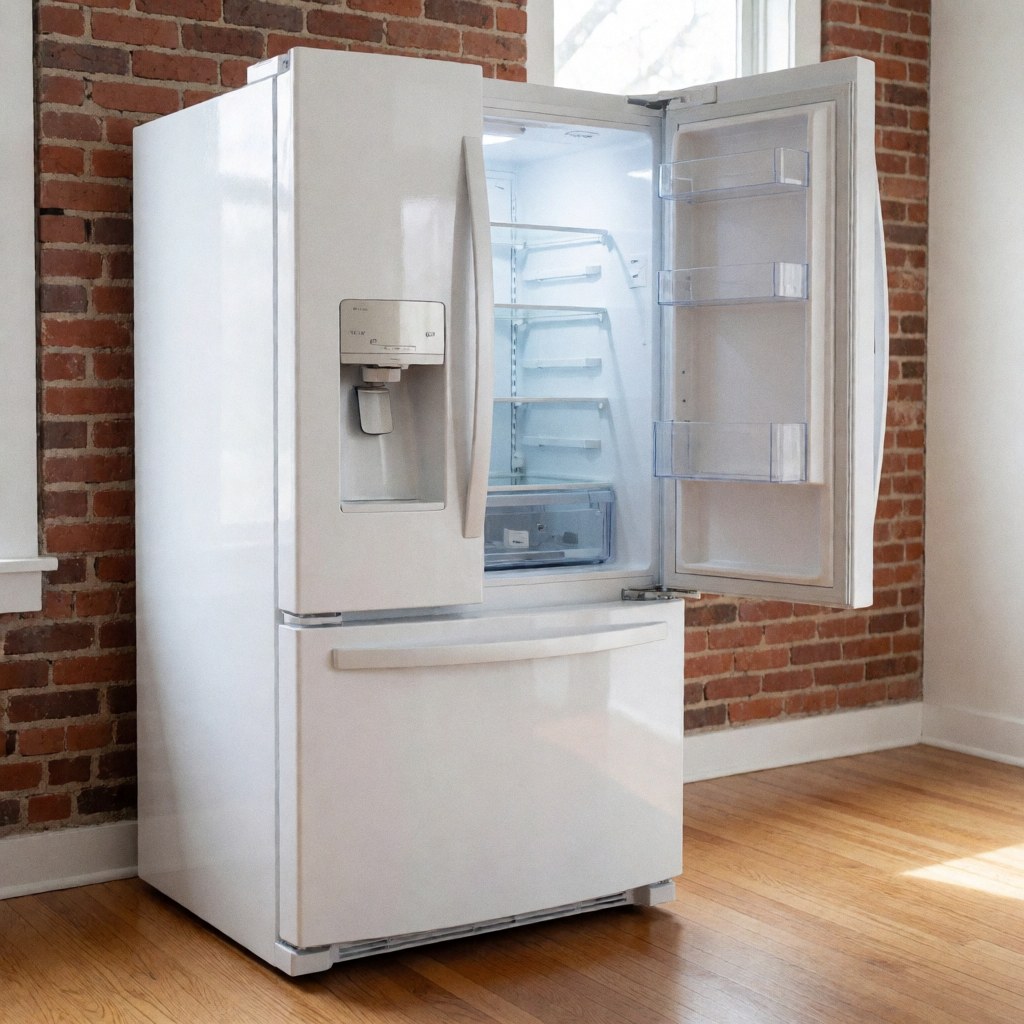 Réfrigérateur blanc moderne avec distributeur d'eau, étagères intérieures visibles, dans une cuisine avec mur en briques rouges et sol en bois clair.