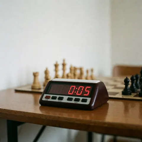 Horloge digitale d'échecs affichant cinq secondes en rouge sur une table en bois poli, avec un échiquier et des pièces flous en arrière-plan.