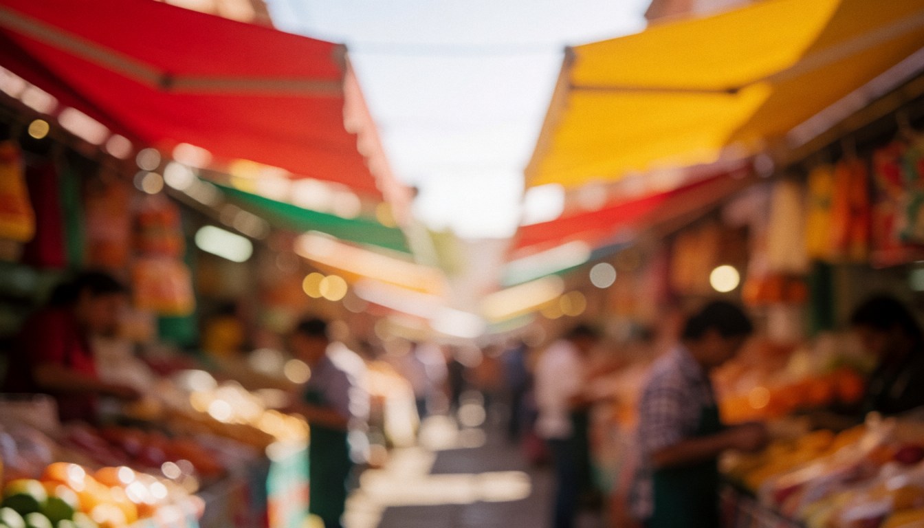 Arrière-plan flou d'un marché avec des auvents rouges et jaunes, éclairage chaleureux et effet bokeh, idéal pour superposer du texte commercial.