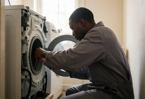 Un technicien en combinaison répare la courroie d'une machine à laver avec des outils, dans un intérieur aux murs blancs et à la lumière naturelle.