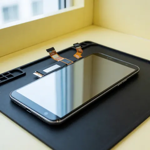 Écran de smartphone démonté avec câbles flexibles posé sur un tapis noir antistatique, sur une table de travail devant des murs jaunes clairs.